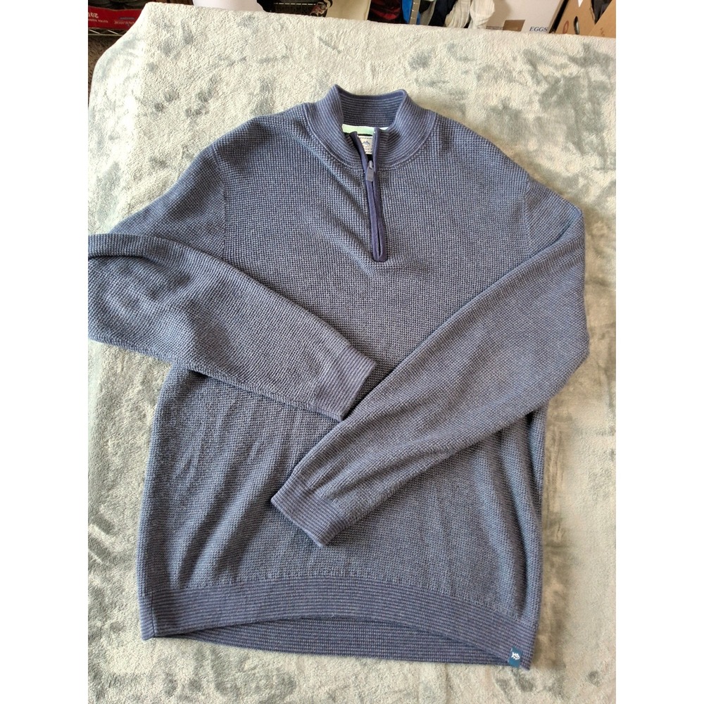 Southern Tide Mens Large Blue Gray Waffle Knit Quarter‎ Zip Pullover Sweater